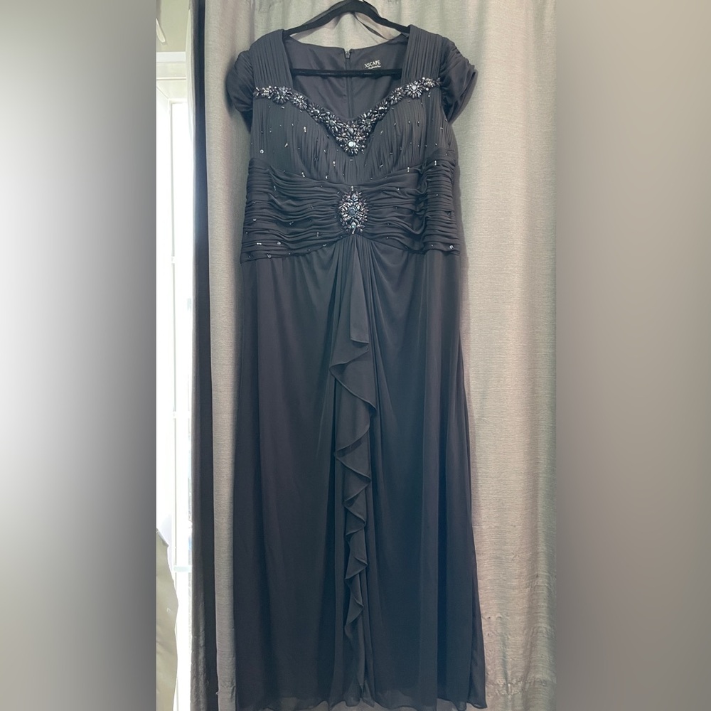 Xscape Black Ruched Gown with Cap Sleeves